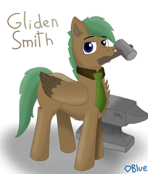 Size: 920x1080 | Tagged: safe, artist:💎blue, imported from derpibooru, oc, oc only, oc:gliden smith, pegasus, pony, anvil, blue eyes, green mane, hammer, male, mouth hold, necktie, pegasus oc, simple background, solo, tall, transparent background, wings