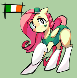 Size: 3640x3719 | Tagged: safe, artist:solid shrimp, imported from derpibooru, fluttershy, pegasus, pony, clothes, green background, hat, holiday, ireland, irish, looking at you, one-piece swimsuit, saint patrick's day, simple background, smiling, socks, solo, sticker, swimsuit