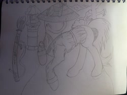 Size: 4032x3024 | Tagged: safe, artist:darkini von blessy, imported from derpibooru, oc, oc only, pony, unicorn, action pose, clothes, drawing, hat, horn, katana, magic, monochrome, pencil drawing, pony oc, sketch, sketchbook, solo, straw hat, sword, telekinesis, traditional art, unicorn oc, weapon