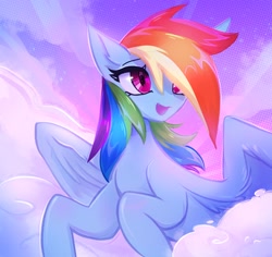 Size: 2048x1930 | Tagged: safe, artist:qwennondeathdie, imported from derpibooru, rainbow dash, pegasus, pony, cloud, female, mare, open mouth, solo, wings