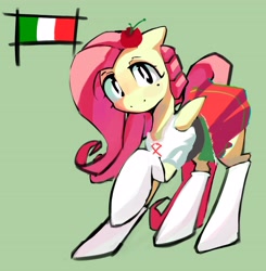 Size: 3640x3719 | Tagged: safe, alternate version, artist:solid shrimp, imported from derpibooru, fluttershy, pegasus, pony, blouse, clothes, female, food, hat, italy, looking at you, mare, skirt, smiling, socks, solo, tomato