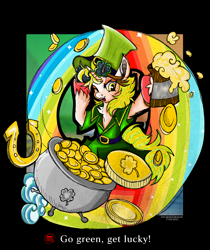 Size: 3024x3600 | Tagged: safe, artist:dzhu.sokolov, artist:sally stuart, imported from derpibooru, oc, oc:mignon mcmahon, unicorn, cauldron, gold, gold coins, holiday, irish, rainbow, saint patrick's day, solo