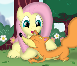 Size: 3488x2958 | Tagged: safe, artist:porygon2z, imported from derpibooru, fluttershy, fox, pegasus, pony, countershading, crossover, dora the explorer, duo, female, flower, grass, leaves, male, mare, swiper, tree, unmasked