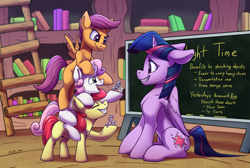 Size: 2000x1342 | Tagged: safe, artist:tsitra360, imported from derpibooru, apple bloom, diamond tiara, scootaloo, silver spoon, sweetie belle, twilight sparkle, alicorn, earth pony, pegasus, pony, unicorn, twilight time, awkward, awkward smile, book, bookshelf, buzzing wings, chalkboard, confident, eyes closed, female, filly, folded wings, golden oaks library, homework, horn, ladder, mare, micro, misunderstanding, open smile, pony pile, shrunk, sitting, smiling, spread wings, text, tower of pony, twilight sparkle (alicorn), wings