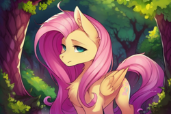 Size: 768x512 | Tagged: safe, imported from derpibooru, fluttershy, pegasus, pony, ai content, ai generated, chest fluff, female, folded wings, forest, mare, solo, wings