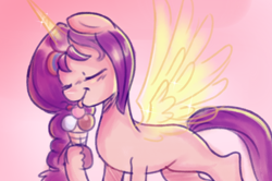 Size: 2058x1369 | Tagged: safe, anonymous artist, imported from derpibooru, sunny starscout, alicorn, pony, series:anorexic sunny, cute, eyes closed, female, food, g5, happy, horn, ice cream, ice cream cone, licking, magic, magic horn, magic wings, race swap, solo, sunnybetes, sunnycorn, tongue out, wings