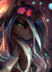 Size: 512x704 | Tagged: safe, imported from derpibooru, queen chrysalis, changeling, changeling queen, ai content, ai generated, bust, crown, female, flower, flower in hair, jewelry, lidded eyes, mare, regalia, solo