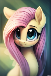 Size: 512x768 | Tagged: safe, imported from derpibooru, fluttershy, pegasus, pony, ai content, ai generated, blushing, cute, female, mare, shyabetes, smiling, solo