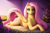 Size: 1152x768 | Tagged: safe, imported from derpibooru, fluttershy, pegasus, pony, ai content, ai generated, bed, chest fluff, cute, female, flower, folded wings, long mane, long tail, looking at you, lying down, mare, prone, shyabetes, smiling, solo, tail, wings