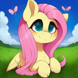 Size: 512x512 | Tagged: safe, imported from derpibooru, fluttershy, butterfly, pony, ai content, ai generated, cloud, cute, female, field, grass, lying down, mare, prone, shyabetes, solo, spread wings, wings