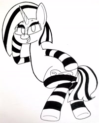 Size: 2863x3569 | Tagged: safe, artist:spoopygirl, imported from derpibooru, oc, oc only, unicorn, clothes, glasses, horn, ink, lineart, simple background, socks, solo, striped socks, traditional art, unicorn oc, white background