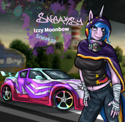 Size: 1024x1003 | Tagged: safe, artist:zsnowfilez, imported from derpibooru, izzy moonbow, anthro, unicorn, car, g5, sneaksy, solo