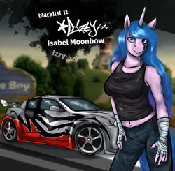Size: 1024x1003 | Tagged: safe, alternate version, artist:zsnowfilez, imported from derpibooru, izzy moonbow, anthro, unicorn, blacklist, car, female, g5, maretime bay, mazda, need for speed, need for speed: most wanted, solo