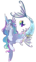 Size: 594x1018 | Tagged: safe, artist:unknown-artist99, imported from derpibooru, oc, oc only, hybrid, merpony, pony, seahorse, seapony (g4), unicorn, bubble, coral, curved horn, dorsal fin, female, fin, fins, fish tail, flowing mane, flowing tail, glass, horn, jewelry, logo, mare, mermaid tail, multicolored hair, necklace, pearl necklace, pink eyes, seaponified, seashell, signature, simple background, smiling, solo, species swap, swimming, tail, translucent, transparent background, underwater, water