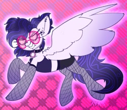 Size: 1700x1479 | Tagged: safe, artist:koa, artist:koapony, imported from derpibooru, oc, oc only, oc:namii, pegasus, pony, clothes, collar, colored wings, ear piercing, earring, female, gradient wings, grin, jewelry, lip piercing, looking at you, mare, midriff, pants, pegasus oc, piercing, smiling, solo, stockings, sunglasses, thigh highs, wings