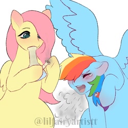 Size: 1378x1378 | Tagged: safe, artist:lilfairyartistt, imported from derpibooru, fluttershy, rainbow dash, pegasus, pony, bong, coughing, drug use, drugs, duo, duo female, female, flutterdash, flutterhigh, high, lesbian, marijuana, multicolored hair, open mouth, rainbow hair, shipping, simple background, smoke, smoking, white background