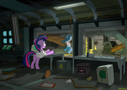 Size: 2920x2080 | Tagged: safe, artist:dddromm, imported from derpibooru, trixie, twilight sparkle, pony, unicorn, fallout equestria, clothes, ears back, factory, fanfic art, floppy ears, impelled metamorphosis potion, lab coat, maripony, ministry mares, ministry of arcane sciences, splendid valley, this will end in death, unicorn twilight