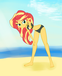 Size: 1191x1470 | Tagged: safe, artist:calmbreezes, imported from derpibooru, sunset shimmer, human, equestria girls, bare shoulders, barefoot, beach, clothes, feet, legs, sleeveless, solo, sunset shimmer's beach shorts swimsuit, swimsuit