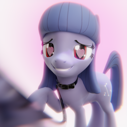 Size: 2160x2160 | Tagged: safe, artist:the luna fan, derpibooru exclusive, imported from derpibooru, oc, oc only, oc:cosmia nebula, earth pony, pony, 3d, blender, choker, chromatic aberration, collar, earth pony oc, female, femsub, heart, heart eyes, leash, looking at you, mare, pet play, raised hoof, smiling, smiling at you, solo, submissive, wingding eyes