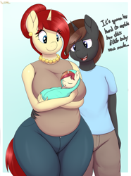 Size: 3343x4500 | Tagged: safe, artist:an-tonio, imported from derpibooru, oc, oc only, oc:golden brooch, oc:twisty, anthro, unicorn, blue background, breasts, busty golden brooch, child bearing hips, clothes, commission, curvy, dialogue, ear piercing, earring, eyes closed, family, father and child, female, foal, goldentwist, horn, hourglass figure, illegitimate, jewelry, male, mare, milf, mother and child, mother and son, necklace, parent:oc:golden brooch, parent:oc:twisty, piercing, simple background, stallion, wholesome, wide hips