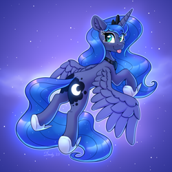 Size: 2480x2480 | Tagged: safe, artist:dandy, imported from derpibooru, princess luna, alicorn, pony, :3, crown, cute, ear fluff, eyebrows, eyebrows visible through hair, female, high res, hoof shoes, horn, jewelry, looking at you, mare, peytral, regalia, solo, space, space background, spread wings, tongue out, wings