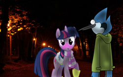 Size: 969x606 | Tagged: safe, artist:madelmena, imported from derpibooru, twilight sparkle, bird, blue jay, pony, unicorn, clothes, crossover, crossover shipping, female, jacket, male, mordecai, mordetwi, night, photoshop, regular show, scarf, shipping, straight, streetlight, winter outfit