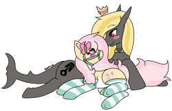 Size: 4000x2597 | Tagged: safe, artist:pastel-pony-princess, imported from derpibooru, fluttershy, oc, oc:somebodyaswell, original species, pegasus, shark, shark pony, bridle, clothes, collar, crown, halter, jewelry, simple background, socks, stockings, striped socks, tack, thigh highs, transparent background