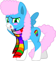 Size: 3965x4316 | Tagged: safe, artist:lincolnbrewsterfan, artist:the cool mule, artist:themysteryeevee, imported from derpibooru, oc, oc only, oc:unlucky, hybrid, mule, pegasus, .svg available, bashful, blush sticker, blushing, clothes, coat markings, commission, ear fluff, green eyes, hoof on head, hybrid oc, inkscape, lightbulb, male, one winged pegasus, pink mane, pink tail, raised hoof, scarf, scribbles, simple background, socks (coat markings), solo, stallion, striped scarf, svg, tail, transparent background, vector