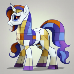 Size: 1024x1024 | Tagged: safe, imported from derpibooru, rarity, pony, unicorn, ai content, ai generated, angular, colored hooves, de stijl, elusive, generator:midjourney, gradient background, male, modern art, piet mondrian, raised tail, rule 63, simple background, solo, tail, unintentional rule 63