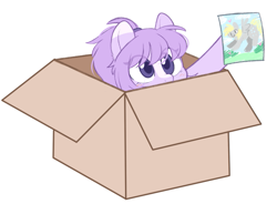 Size: 899x660 | Tagged: safe, artist:higgly-chan, imported from derpibooru, derpy hooves, oc, oc only, oc:mio, earth pony, pegasus, pony, blaze (coat marking), blushing, box, cardboard box, cute, drawing, earth pony oc, eye clipping through hair, featured image, female, hoof hold, mare, ocbetes, pony in a box, simple background, solo, spread wings, white background, wings