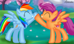 Size: 1200x720 | Tagged: safe, artist:mlplary6, imported from derpibooru, rainbow dash, scootaloo, pegasus, pony, eyes closed, female, mare, older, older scootaloo, scootalove, sibling love, siblings, sisters, smiling