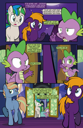 Size: 1920x2948 | Tagged: safe, artist:alexdti, imported from derpibooru, spike, oc, oc:brainstorm (alexdti), oc:purple creativity, oc:star logic, dragon, pegasus, pony, unicorn, comic:quest for friendship, :o, comic, dialogue, female, folded wings, grammar error, high res, hooves, horn, looking up, male, mare, open mouth, open smile, pegasus oc, pinpoint eyes, raised hoof, raised leg, shadow, smiling, speech bubble, stallion, two toned mane, underhoof, unicorn oc, winged spike, wings