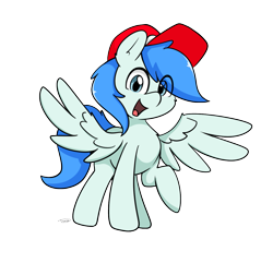 Size: 1277x1231 | Tagged: safe, artist:taurson, imported from derpibooru, oc, oc only, oc:sports news, pegasus, pony, cap, eye clipping through hair, hat, looking at you, male, open mouth, open smile, pegasus oc, raised hoof, simple background, smiling, smiling at you, solo, spread wings, stallion, transparent background, wings