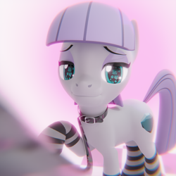 Size: 2160x2160 | Tagged: safe, artist:the luna fan, derpibooru exclusive, imported from derpibooru, maud pie, earth pony, pony, 3d, blender, choker, chromatic aberration, clothes, collar, female, femsub, leash, looking at you, mare, pet play, raised hoof, smiling, smiling at you, socks, solo, striped socks, submissive, wingding eyes