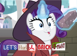 Size: 794x584 | Tagged: safe, edit, edited screencap, imported from derpibooru, screencap, rarity, sparkle's seven, brick, canterlot, caption, detective rarity, expand dong, exploitable meme, hat, image macro, levitation, magic, meme, solo, telekinesis, the brick, the simpsons