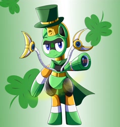 Size: 3884x4096 | Tagged: safe, artist:trackheadtherobopony, imported from derpibooru, oc, oc:trackhead, pony, robot, robot pony, cape, claws, clothes, gold dust, hat, holiday, saint patrick's day, shamrock