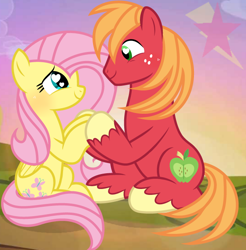 Size: 624x635 | Tagged: safe, artist:lightningsparkle95, imported from derpibooru, big macintosh, fluttershy, earth pony, pegasus, pony, base used, blushing, female, fluttermac, heart, heart eyes, holding hooves, looking at each other, looking at someone, looking into each others eyes, male, mare, shipping, signature, smiling, smiling at each other, stallion, straight, sunset, wingding eyes