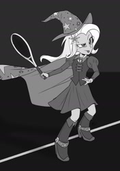 Size: 1500x2135 | Tagged: safe, artist:hexfloog, imported from derpibooru, trixie, human, equestria girls, barrette, boots, cape, clothes, commission, dress, fall formal outfits, grayscale, hat, high heel boots, monochrome, shoes, sports, tennis, tennis racket, tongue out, trixie's cape, trixie's hat