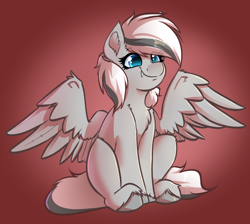 Size: 2728x2448 | Tagged: safe, artist:witchtaunter, imported from derpibooru, oc, oc only, oc:silver edge, pegasus, pony, commission, fangs, female, gradient background, mare, pegasus oc, sitting, smiling, solo, spread wings, unshorn fetlocks, wings