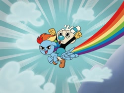 Size: 2048x1536 | Tagged: safe, artist:inkies299, imported from derpibooru, rainbow dash, pegasus, pony, arms in the air, crossover, cuphead, duo, female, flying, mare, mugman, open mouth, rainbow, riding, smiling, smirk, style emulation