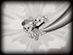 Size: 2048x1536 | Tagged: safe, alternate version, artist:inkies299, imported from derpibooru, rainbow dash, pegasus, pony, arms in the air, black and white, crossover, cuphead, duo, female, flying, grayscale, mare, monochrome, mugman, open mouth, rainbow, riding, smiling, smirk, style emulation