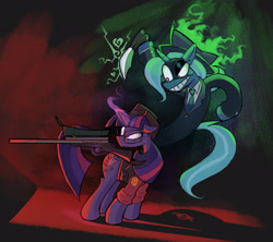 Size: 2048x1819 | Tagged: safe, artist:drzootsuit, imported from derpibooru, trixie, twilight sparkle, pony, unicorn, clothes, crossover, duo, female, glasses, glowing, glowing horn, gun, hat, horn, knife, magic, mare, rifle, smiling, sniper, sniper rifle, spy, suit, team fortress 2, this will end in death, twilight sniper, unicorn twilight, weapon