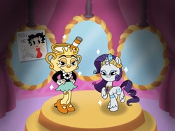 Size: 2048x1536 | Tagged: safe, artist:inkies299, imported from derpibooru, rarity, pony, unicorn, bedroom eyes, betty boop, carousel boutique, chalice, crossover, cuphead, duo, female, hand on hip, jewelry, mare, mirror, necklace, pearl necklace, poster, smiling, sparkles, style emulation, tiara