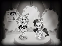 Size: 2048x1536 | Tagged: safe, alternate version, artist:inkies299, imported from derpibooru, rarity, pony, unicorn, bedroom eyes, betty boop, black and white, carousel boutique, chalice, crossover, cuphead, duo, female, grayscale, hand on hip, jewelry, mare, mirror, monochrome, necklace, pearl necklace, poster, smiling, sparkles, style emulation, tiara