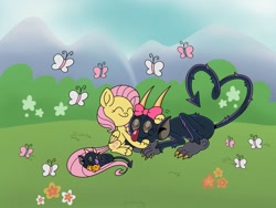 Size: 2048x1536 | Tagged: safe, artist:inkies299, imported from derpibooru, fluttershy, butterfly, pegasus, pony, crossover, cuphead, devil, eyes closed, heart shaped, hug, lying down, meadow, smiling, style emulation, tail, trio