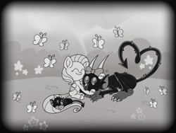 Size: 2048x1536 | Tagged: safe, alternate version, artist:inkies299, imported from derpibooru, fluttershy, butterfly, pegasus, pony, black and white, bow, crossover, cuphead, devil, eyes closed, grayscale, heart shaped, hug, lying down, meadow, monochrome, smiling, style emulation, tail, trio