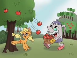 Size: 2048x1536 | Tagged: safe, artist:inkies299, imported from derpibooru, applejack, earth pony, pony, apple, apple tree, applebucking, basket, crossover, cuphead, duo, kettle, open mouth, smiling, style emulation, sweet apple acres, tree
