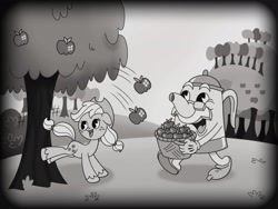 Size: 2048x1536 | Tagged: safe, alternate version, artist:inkies299, imported from derpibooru, applejack, earth pony, pony, apple, apple tree, applebucking, basket, black and white, crossover, cuphead, duo, food, grayscale, kettle, monochrome, open mouth, smiling, style emulation, sweet apple acres, tree