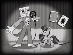 Size: 2048x1536 | Tagged: safe, alternate version, artist:inkies299, imported from derpibooru, twilight sparkle, pony, unicorn, black and white, bowtie, clothes, crossover, cuphead, curtains, duo, grayscale, grin, king dice, microphone, monochrome, smiling, spotlight, style emulation, suit, unicorn twilight