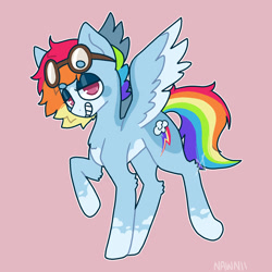 Size: 1500x1500 | Tagged: safe, artist:nawnii, imported from derpibooru, rainbow dash, pegasus, pony, backwards cutie mark, goggles, raised hoof, redesign, smiling, solo, spread wings, wings